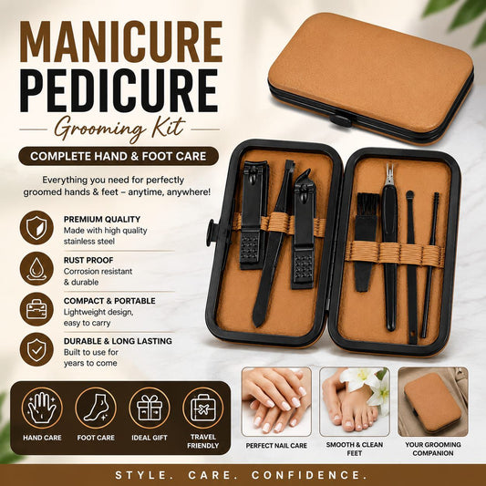 Manicure Pedicure Grooming Kit complete hand and foot care set with stainless steel tools in a brown leather case
